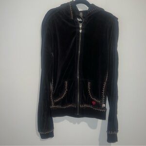Twisted Heart Black Embroidered Zip Up Velvet Hoodie